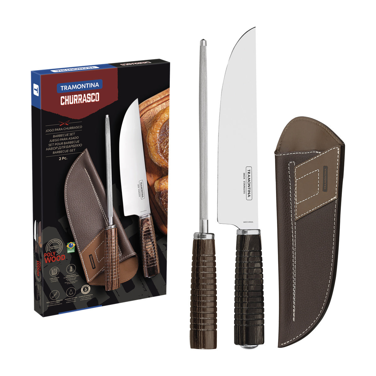 Tramontina Juego de Útiles para Carne Polywood Castaño 2 piezas con Afilador y Funda