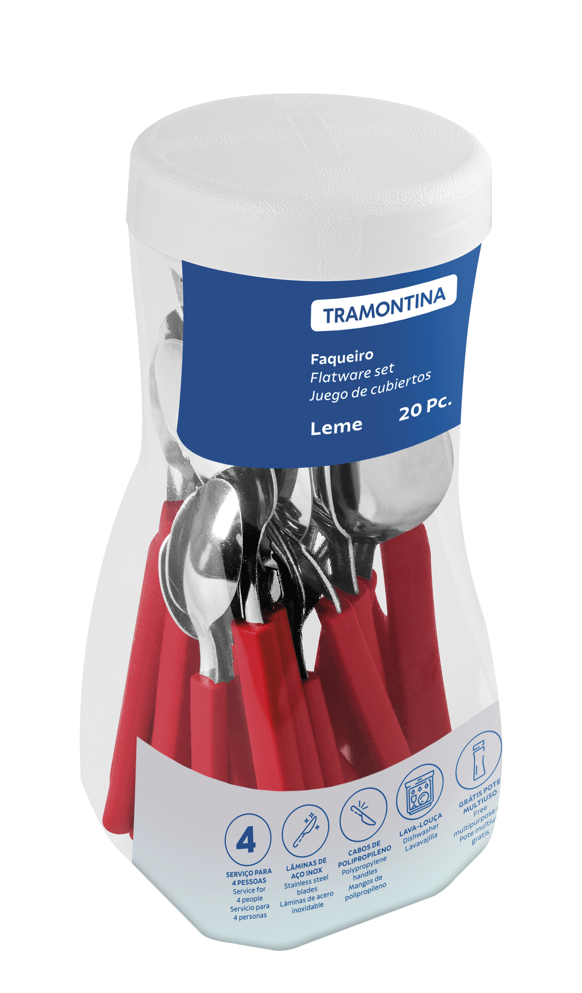 Tramontina Juego de Cubiertos Leme en Acero Inoxidable y Mangos de Polipropileno Rojo 20 Piezas