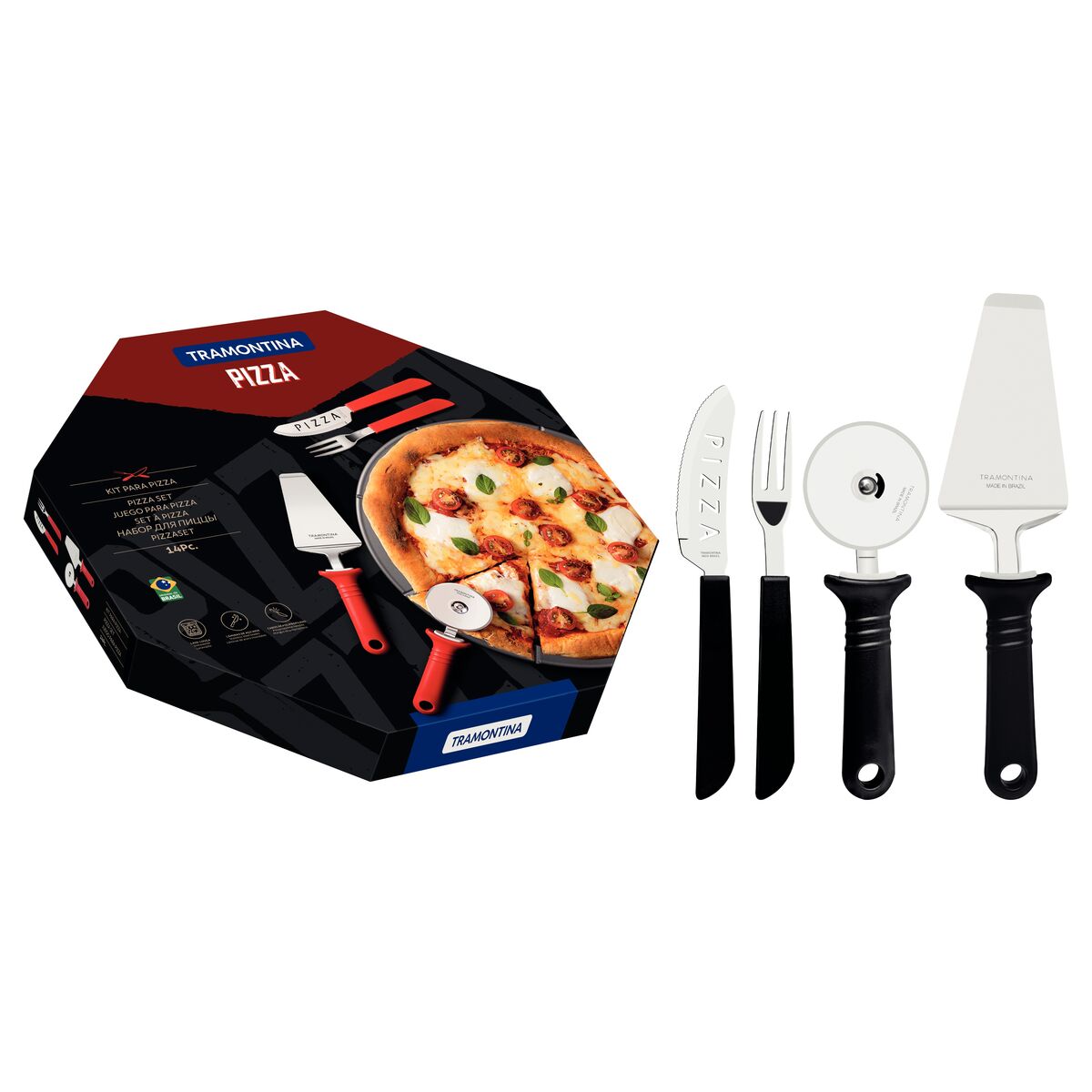 Tramontina Juego para Pizza en Acero Inoxidable y Mangos de Polipropileno Negro 14 Piezas