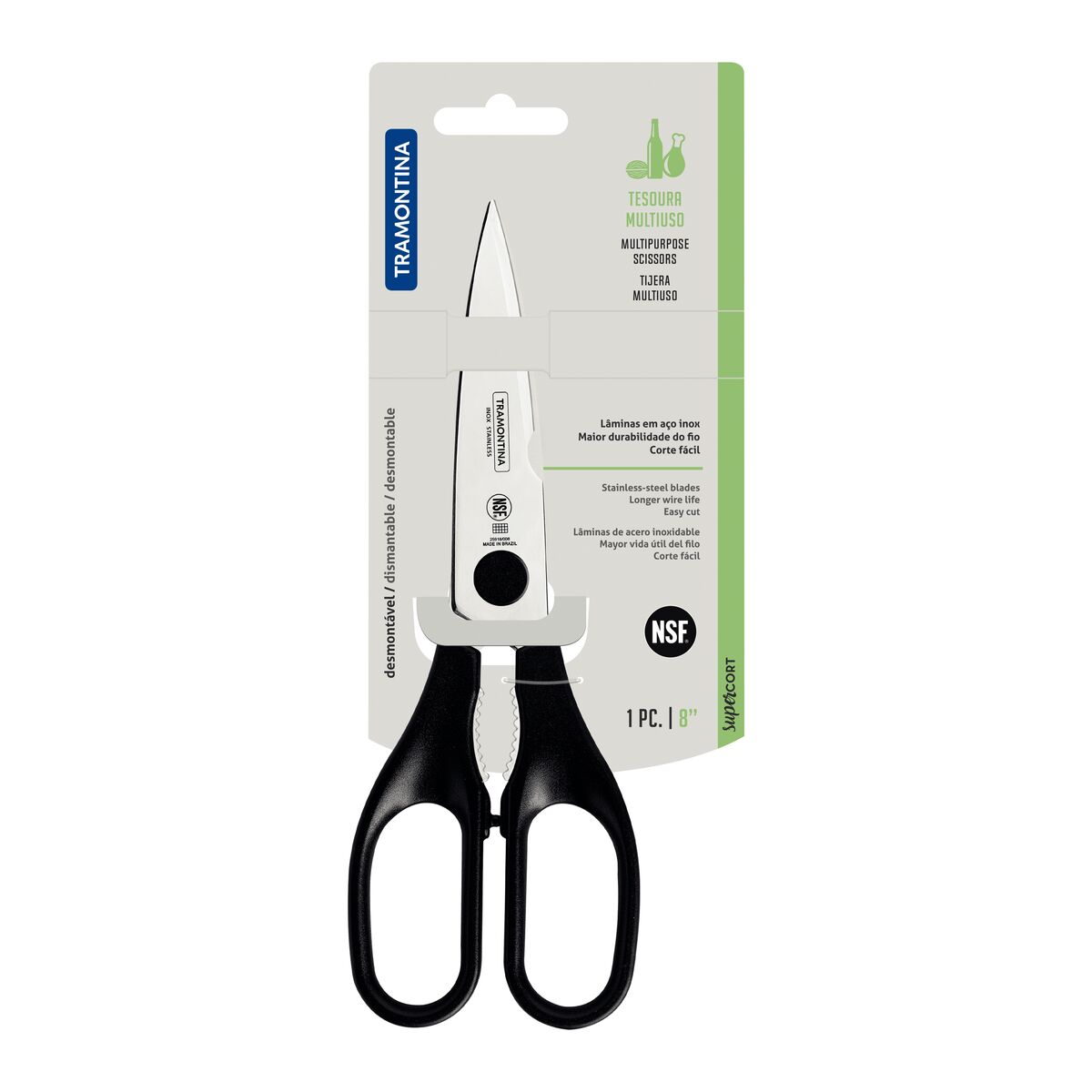 Tramontina Tijera Multiuso en Acero Inoxidable y Mangos de Polipropileno Negro Supercort 20 cm