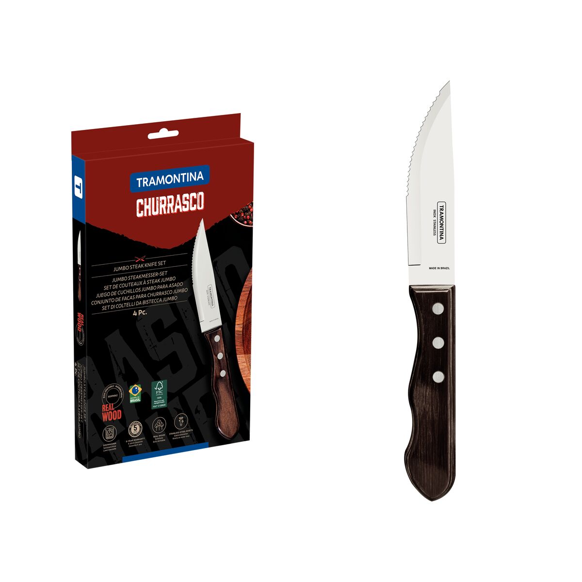Tramontina Juego de Cuchillos Jumbo para Carne Polywood Castaño 4 piezas