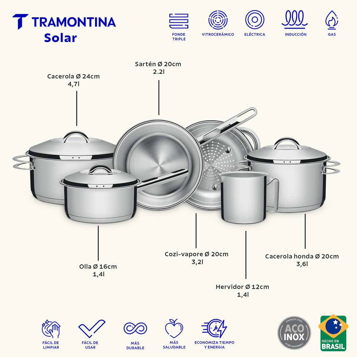 Tramontina Batería de Cocina de Acero Inoxidable con Fondo Triple Solar 6 piezas
