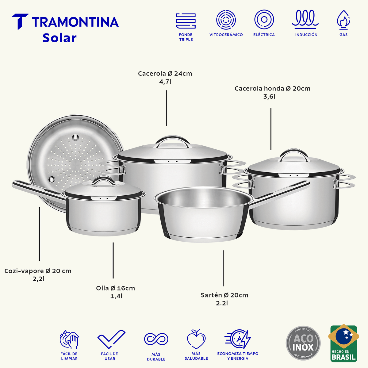 Tramontina Batería de Cocina de Acero Inoxidable con Fondo Triple Solar 5 Piezas