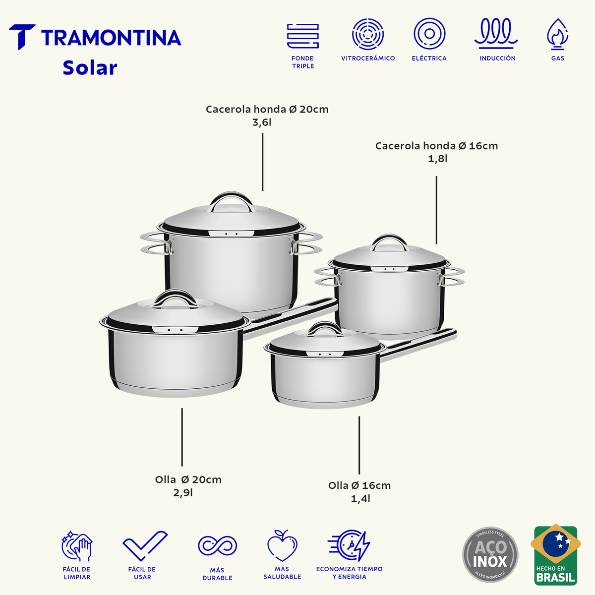 Tramontina Batería de Cocina de Acero Inoxidable con Fondo Triple Solar 4 Piezas