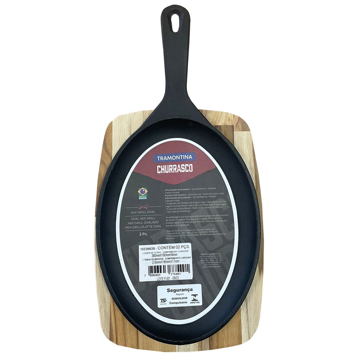 Tramontina Sartén de Hierro Fundido con Bandeja de Madera  Churrasco Essencial 38 x 19 cm