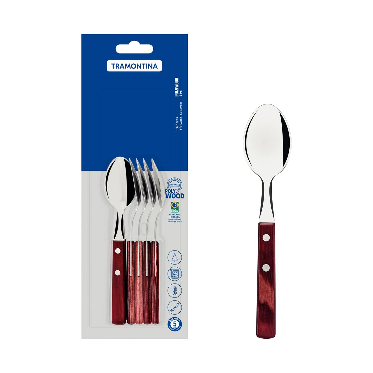 Tramontina Juego de Cucharas de Té en Acero Inoxidable y Mangos de Madera Polywood Rojo 6 piezas