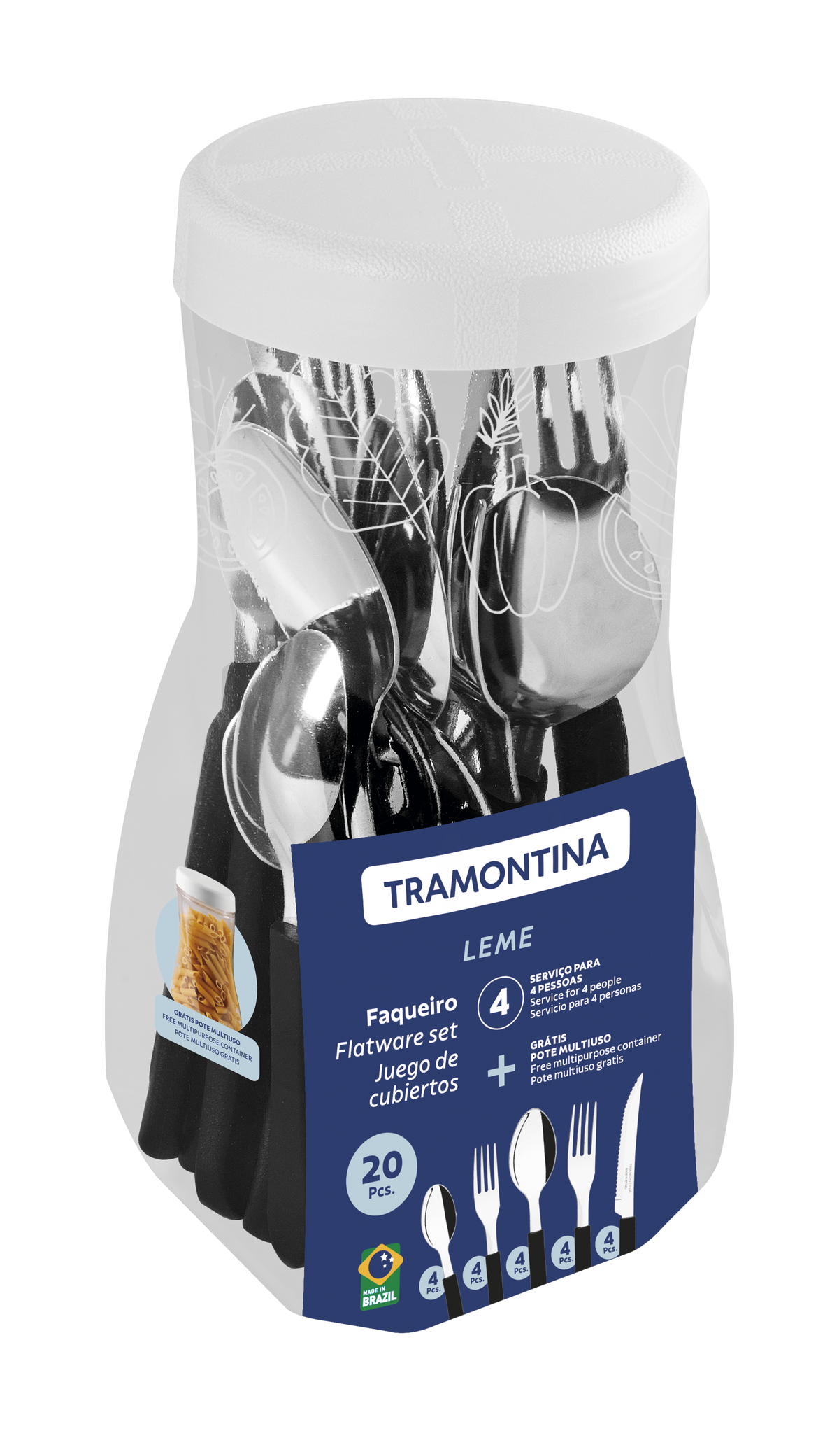 Tramontina Juego de Cubiertos Leme en Acero Inoxidable y Mangos de Polipropileno Negro 20 Piezas