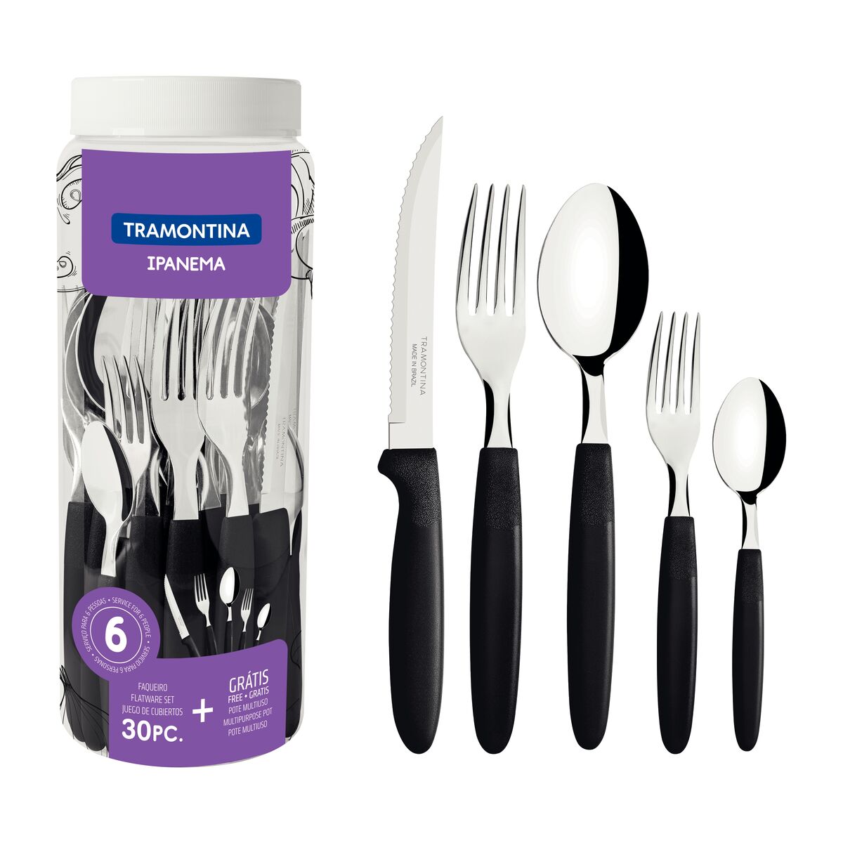 Tramontina Juego de Cubiertos Ipanema Negro 30 piezas