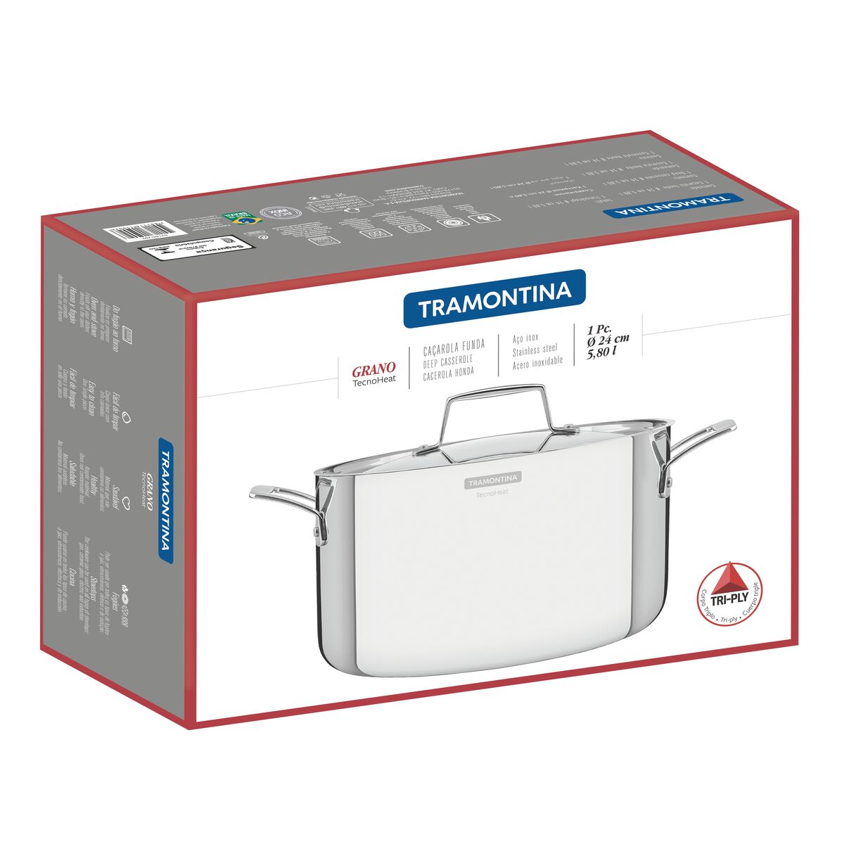 Tramontina Cacerola Honda Tri-Ply Grano de Acero Inoxidable 24 cm