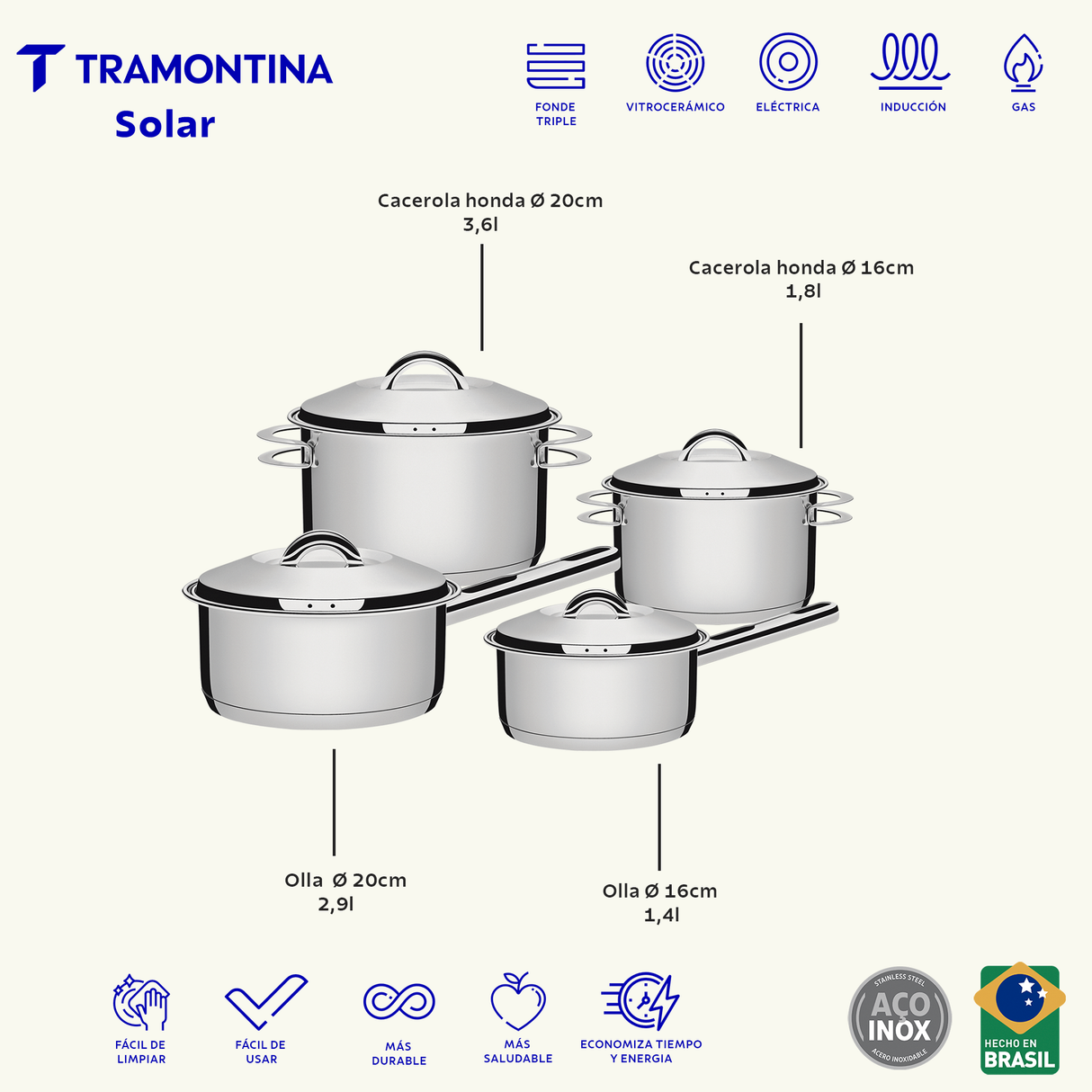 Tramontina Batería de Cocina de Acero Inoxidable con Fondo Triple Solar 4 Piezas