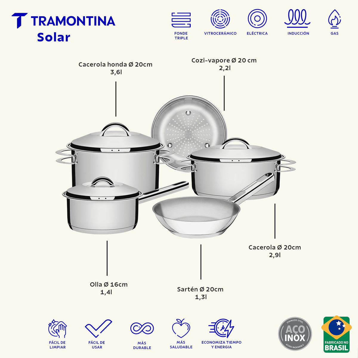 Tramontina Batería de Cocina de Acero Inoxidable con Fondo Triple Solar 5 Piezas