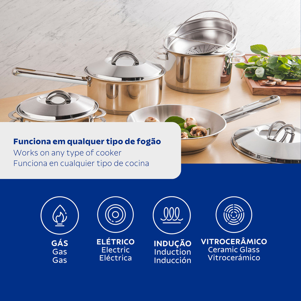 Tramontina Batería de Cocina de Acero Inoxidable con Fondo Triple Solar 5 Piezas